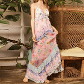 Floral Print Multi-Layered Ruffles V Neck Maxi Dress